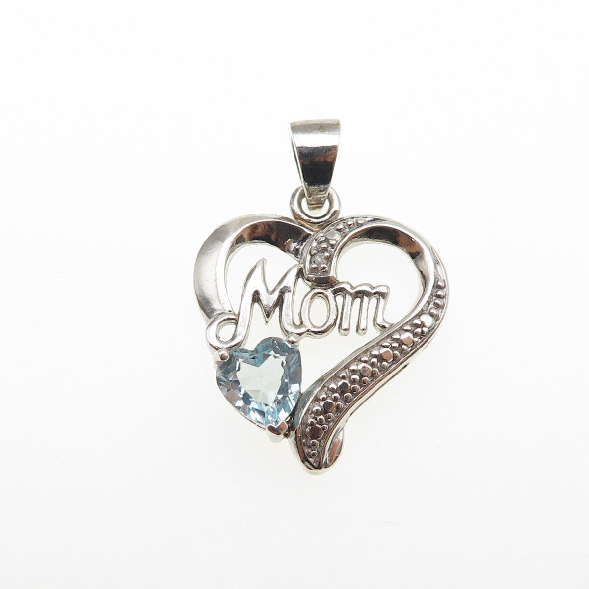 925 Sterling Silver Real Diamond Accent & Blue Topaz Mom Heart Charm Pendant