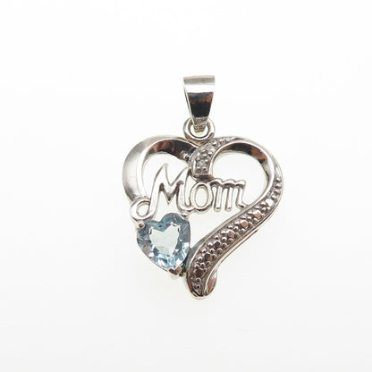 925 Sterling Silver Real Diamond Accent & Blue Topaz Mom Heart Charm Pendant