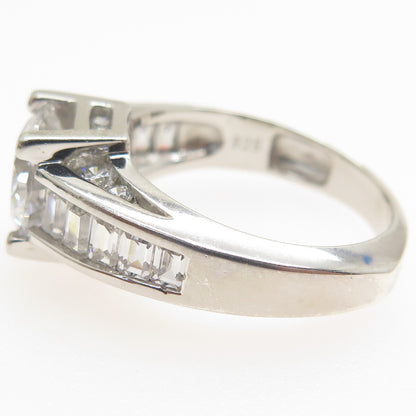925 Sterling Silver Round & Emerald-Cut C Z Engagement Ring Size 7