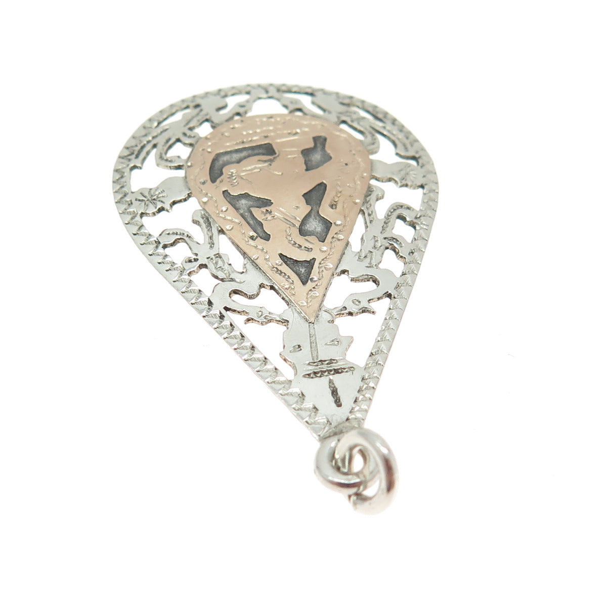 900 Silver & 10K Rose Gold Vintage Tribal Warrior Teardrop Charm Pendant