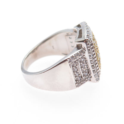 925 Sterling Silver 2-Tone Round-Cut Canary & White C Z Ring Size 7