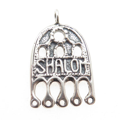 925 Sterling Silver Vintage Shalom Hamsa Hand of Fatima Judaica Pendant