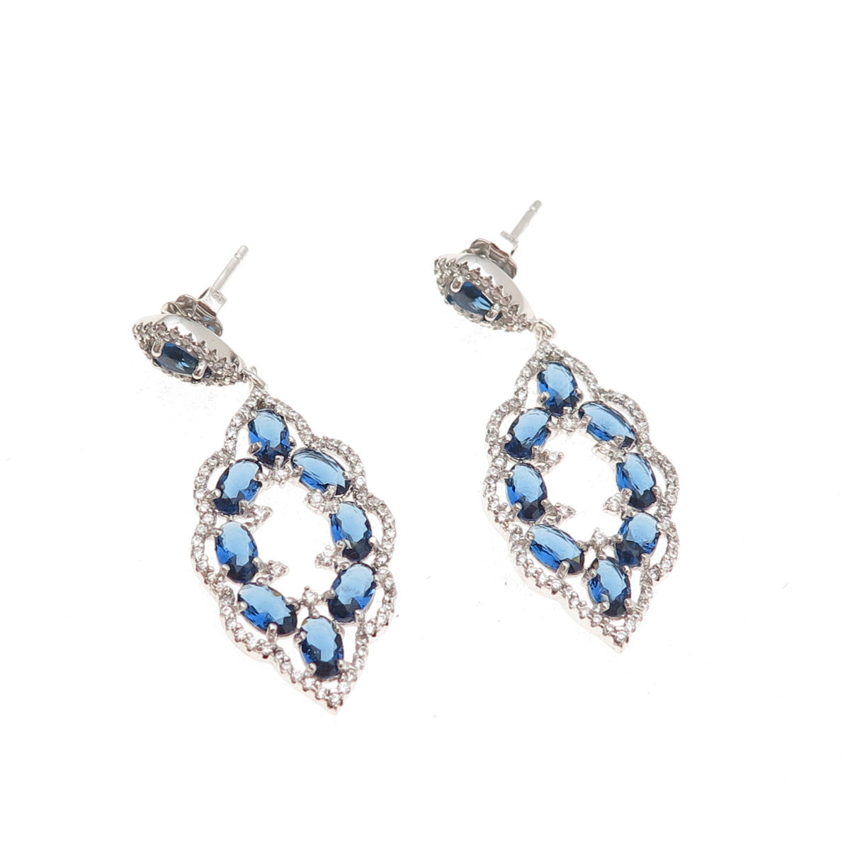 925 Sterling Silver Blue & White C Z Bohemian Dangle Earrings