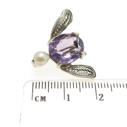 925 Sterling Silver Antique Art Deco Real Amethyst & Pearl Fly Filigree Booch