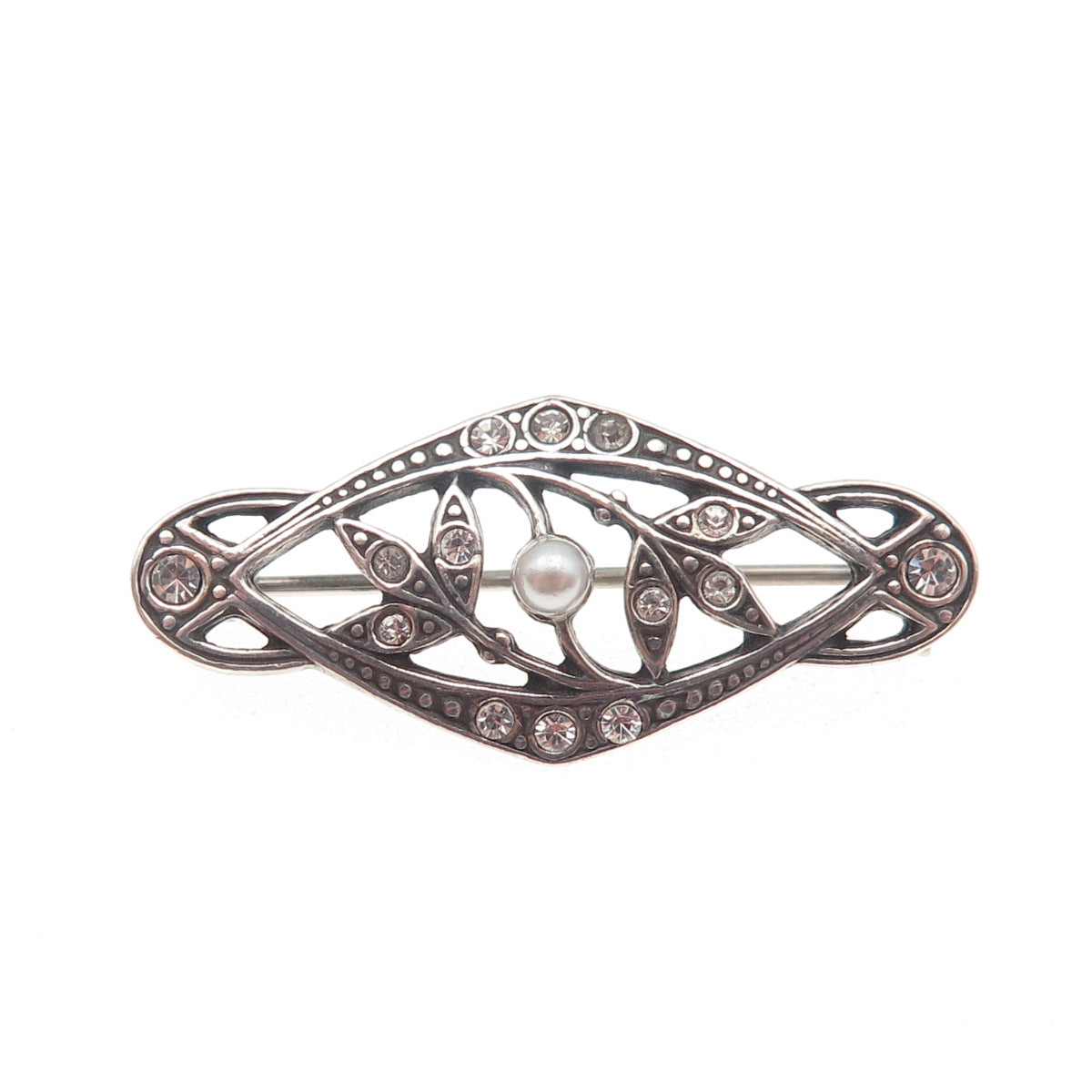 925 Sterling Silver Vintage Faux Pearl & Rhinestone Floral Oxidized Pin Brooch