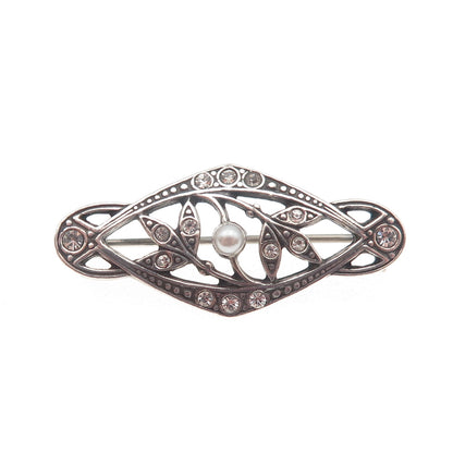 925 Sterling Silver Vintage Faux Pearl & Rhinestone Floral Oxidized Pin Brooch