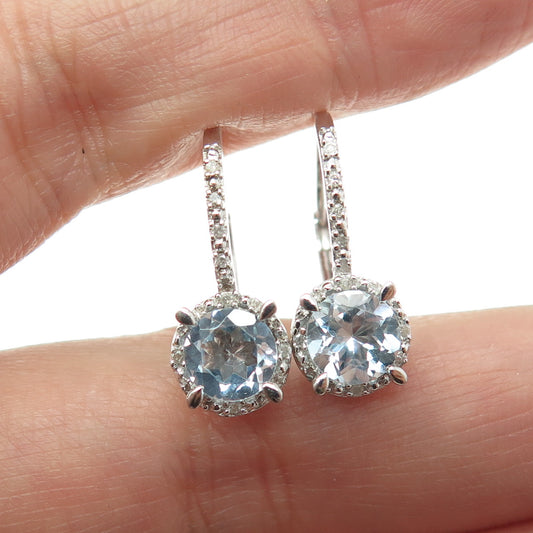 925 Sterling Silver Real Round-Cut Diamond & Blue Topaz Earrings