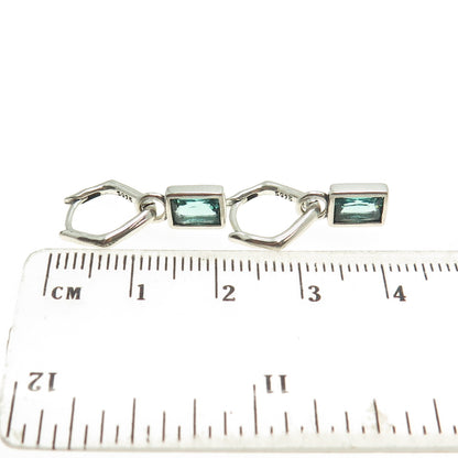 925 Sterling Silver Green Emerald-Cut Shaped C Z Huggie Earrings