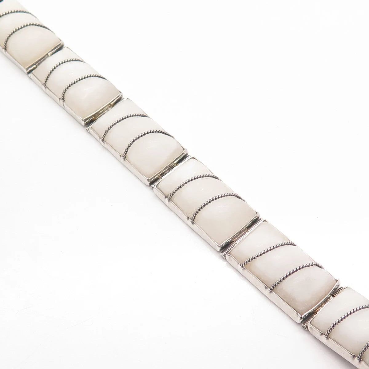 925 Sterling Silver Vintage Mexico Real White Agate Gem Panel Link Bracelet 6"
