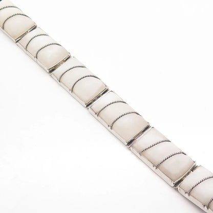 925 Sterling Silver Vintage Mexico Real White Agate Gem Panel Link Bracelet 6"