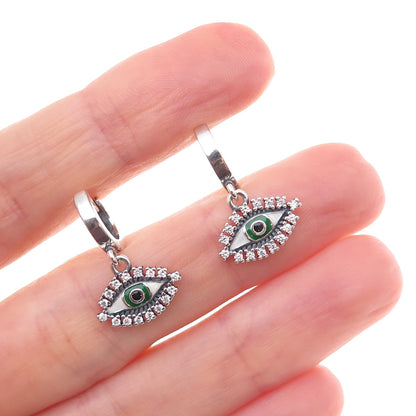 925 Sterling Silver Enamel & C Z Evil Eye Dangle Charm Hoop Earrings