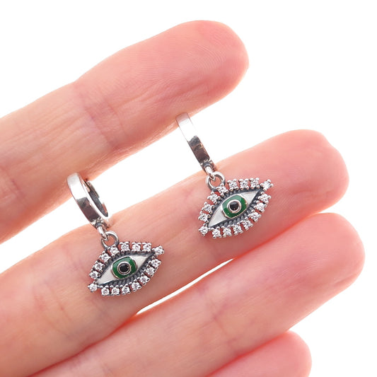 925 Sterling Silver Enamel & C Z Evil Eye Dangle Charm Hoop Earrings