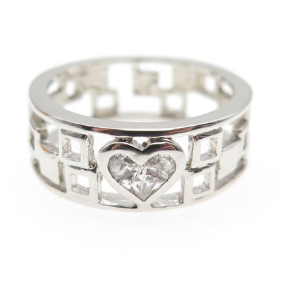 925 Sterling Silver Heart-Cut C Z Check Band Ring Size 9.25