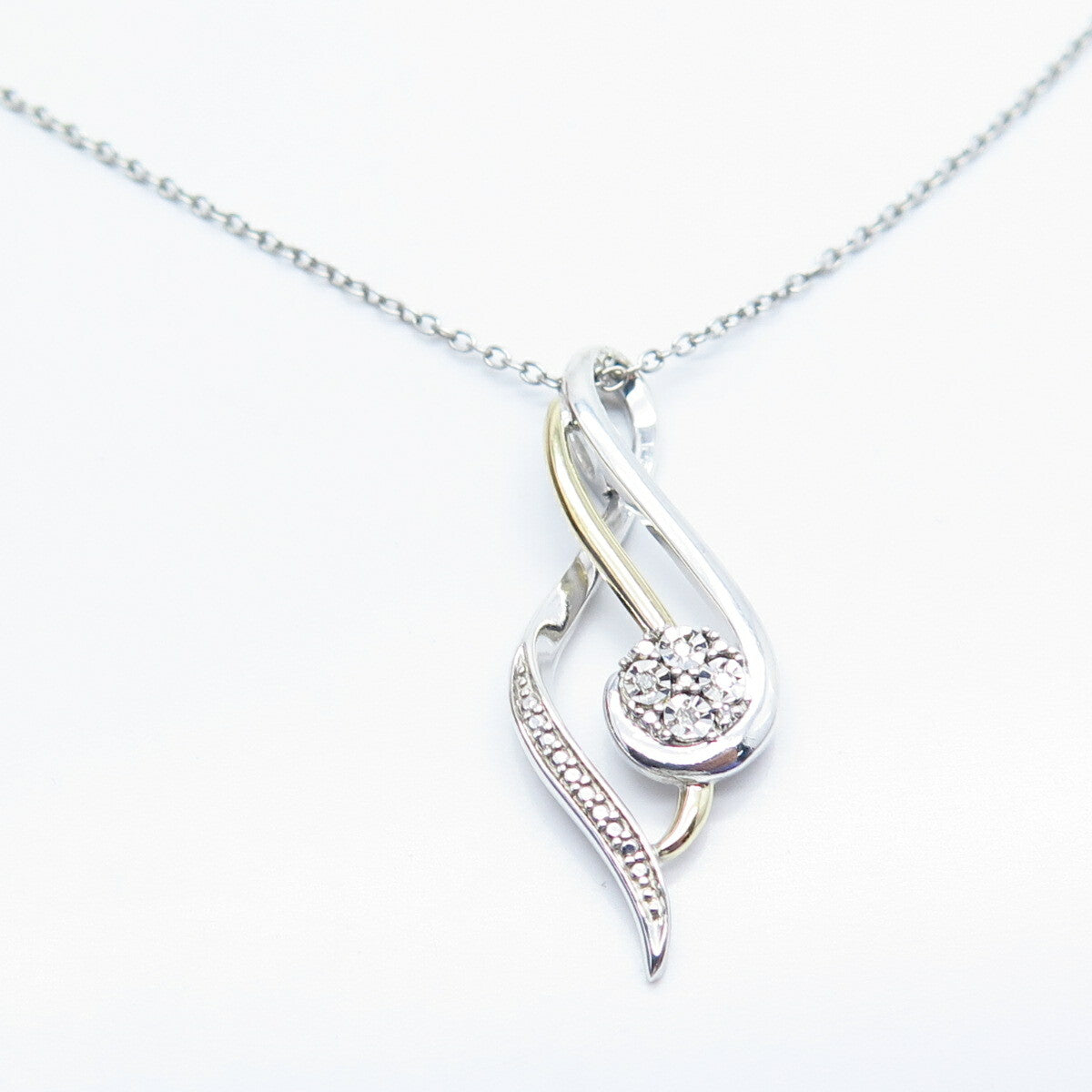 925 Sterling Silver / 10K Gold Italy Real White Diamond Rolo Chain Necklace 17"