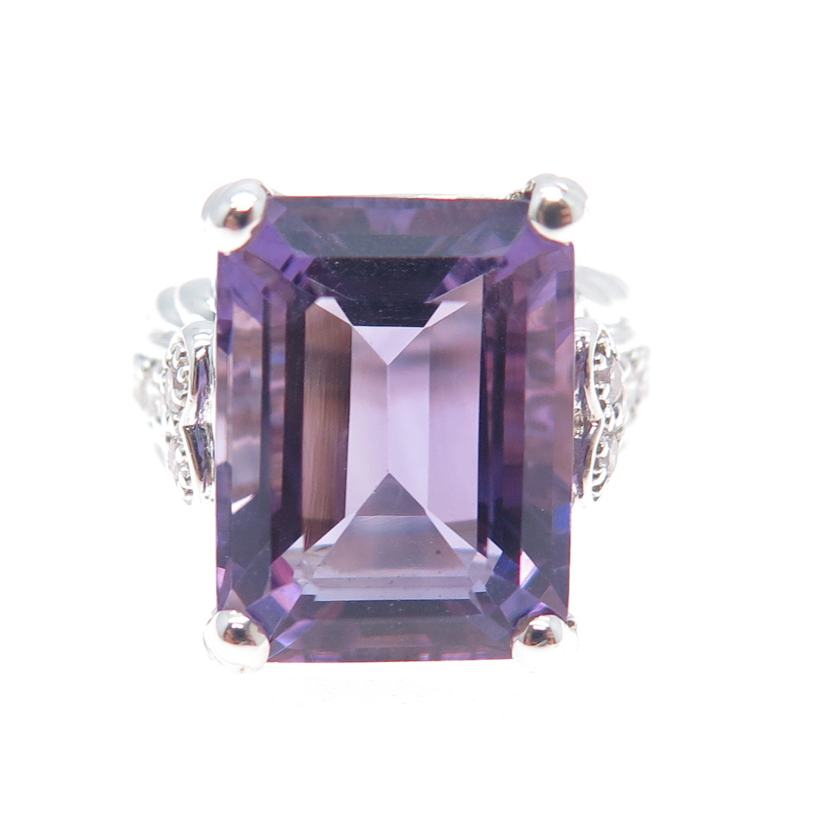 JUDITH RIPKA 925 Sterling Silver Real Emerald-Cut Amethyst & C Z Ring Size 6.25