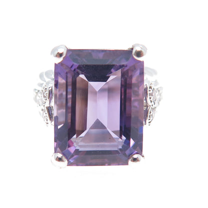 JUDITH RIPKA 925 Sterling Silver Real Emerald-Cut Amethyst & C Z Ring Size 6.25