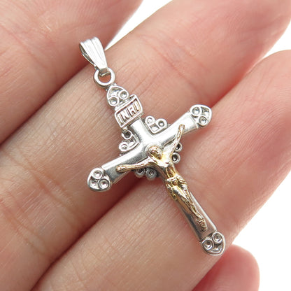 MARATHON 925 Sterling Silver 2-Tone Vintage Crucifix Cross Religious Pendant