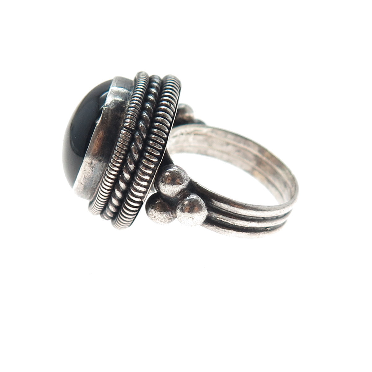 925 Sterling Silver Vintage Real Black Onyx Modernist Oxidized Ring Size 7