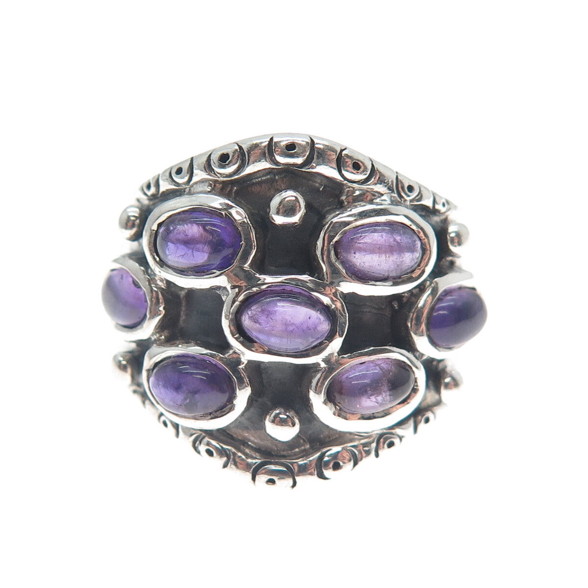 925 Sterling Silver Vintage Real Amethyst Modernist Oxidized Ring Size 9.25