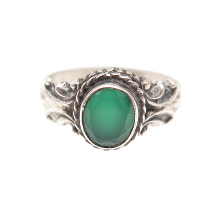 925 Sterling Silver Vintage Real Green Onyx Oxidized Ring Size 8