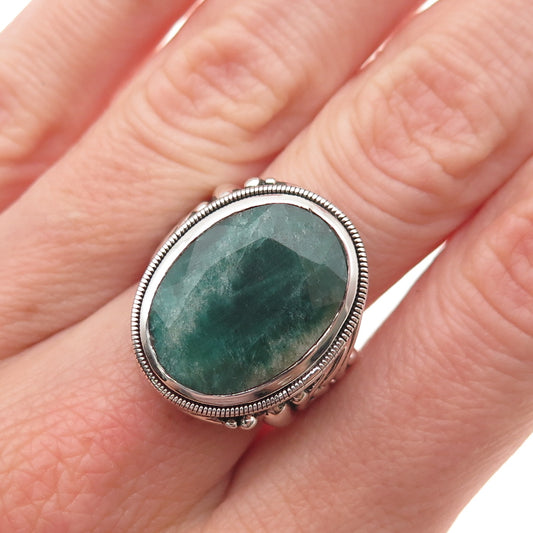 925 Sterling Silver Vintage Real Emerald Modernist Oxidized Ring Size 5.75