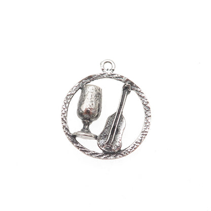 925 Sterling Silver Vintage Goblet & Guitar Oxidized Charm Pendant