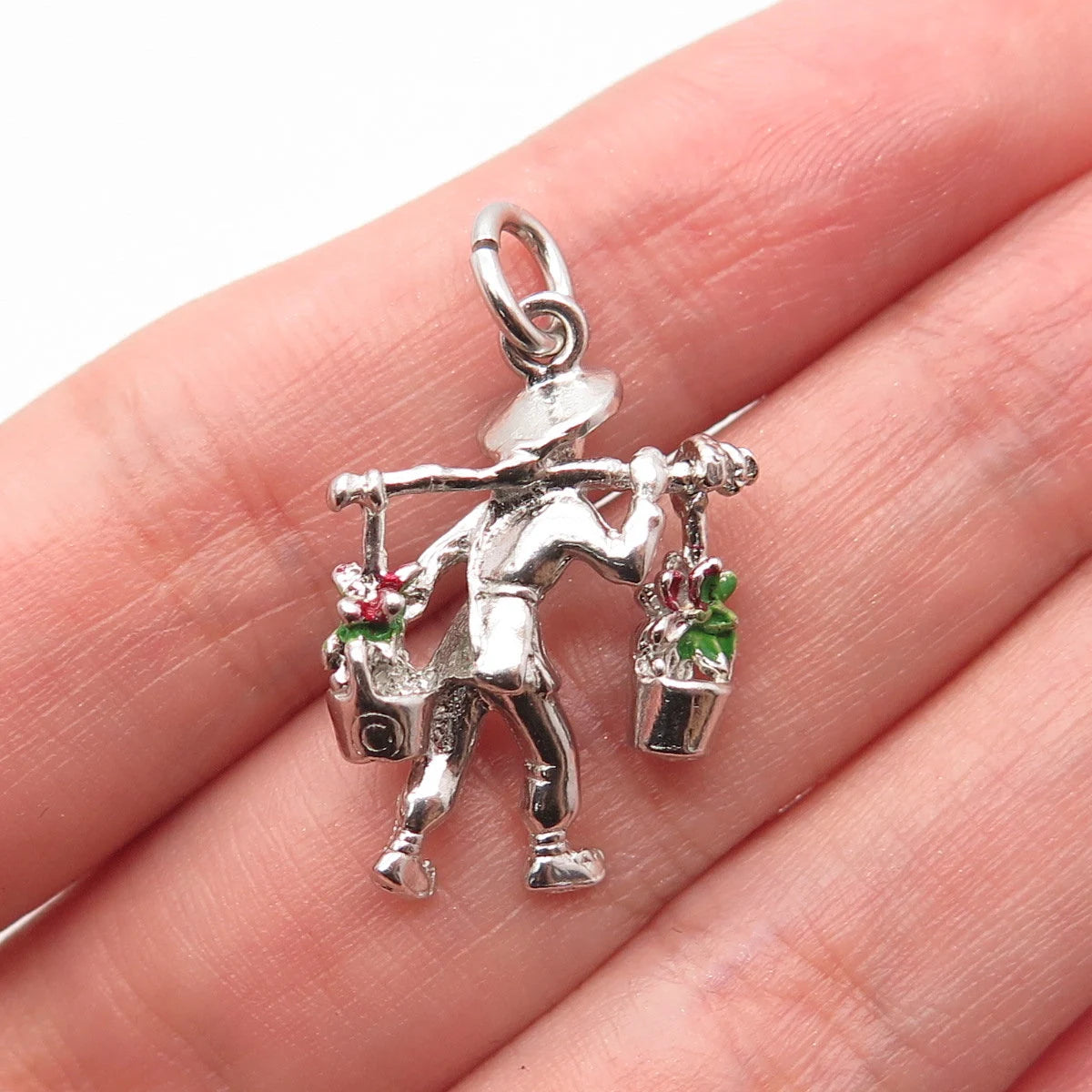 925 Sterling Silver Vintage Old Stock Enamel Man Carrying Flower Buckets Pendant
