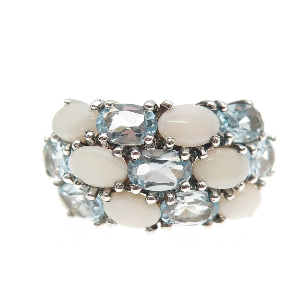 925 Sterling Silver Real Oval-Cut Blue Topaz & Opal Cluster Ring Size 9.25