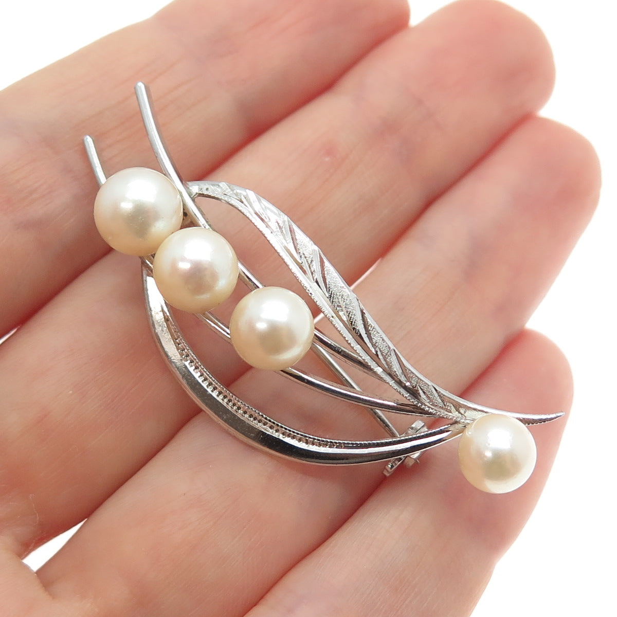 925 Sterling Silver Antique Japan Real Akoya Pearl Floral Pin Brooch