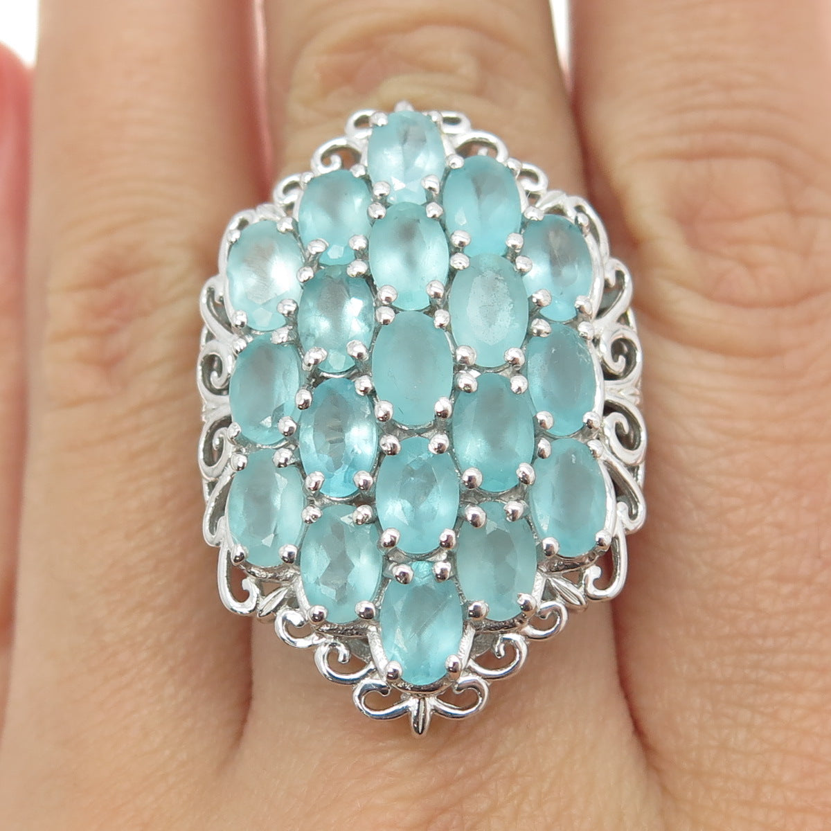 CHUCK CLEMENCY 925 Sterling Silver Real Oval-Cut Aquamarine Cluster Ring Size 7