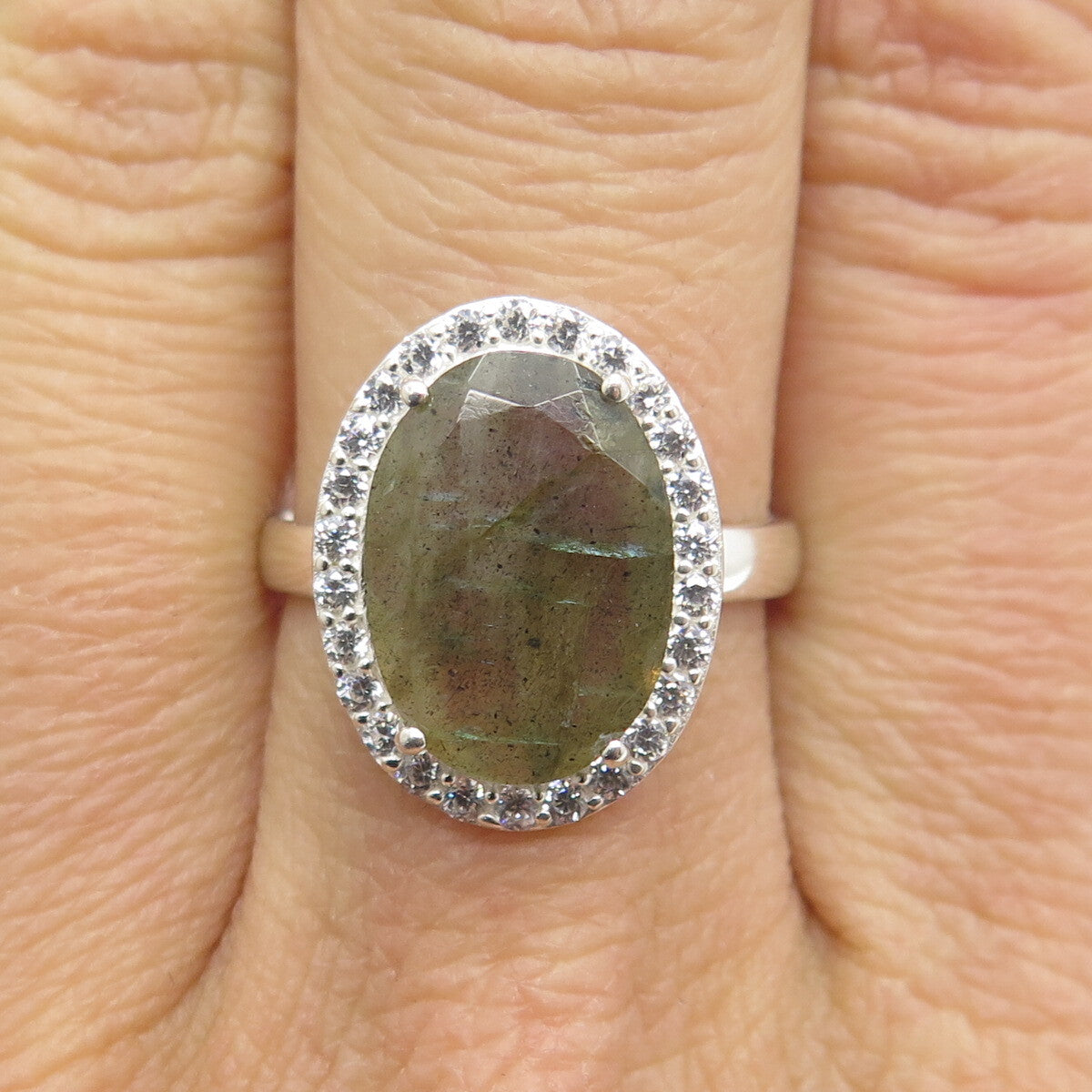 FRANK AHM 925 Sterling Silver Real Oval-Cut Labradorite & C Z Ring Size 7.25