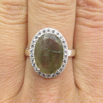 FRANK AHM 925 Sterling Silver Real Oval-Cut Labradorite & C Z Ring Size 7.25