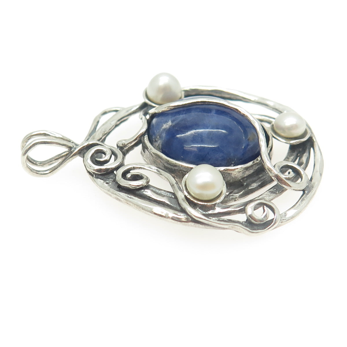 925 Sterling Silver Vintage Real Sodalite & Pearl Modernist Swirl Pendant