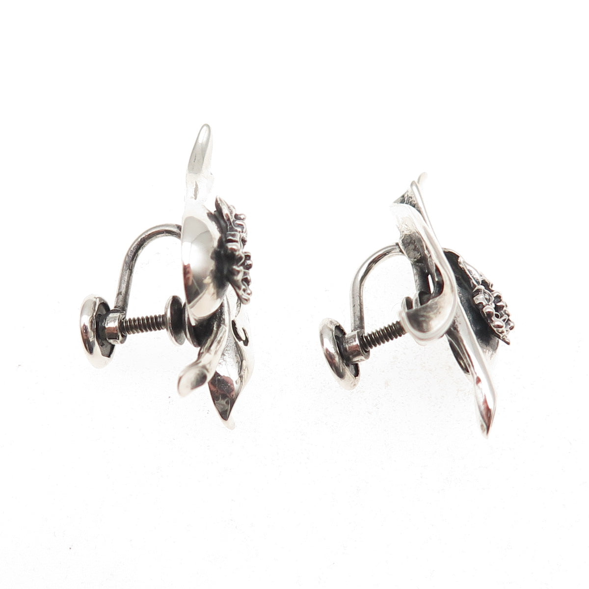 925 Sterling Silver Vintage Modernist Floral Oxidized Screw Back Earrings