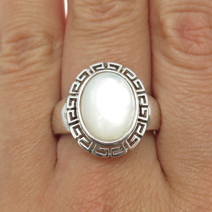 925 Sterling Silver Vintage Real Mother-of-Pearl Greek Maze Ring Size 9.25
