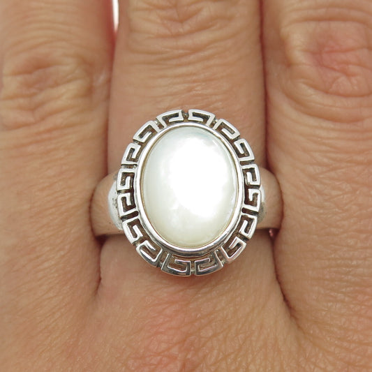 925 Sterling Silver Vintage Real Mother-of-Pearl Greek Maze Ring Size 9.25