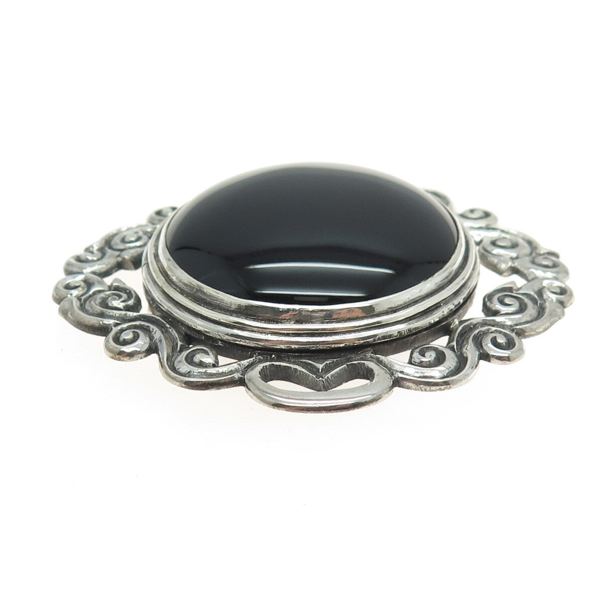 925 Sterling Silver Vintage Real Cabochon Black Onyx Ornate Pin Brooch