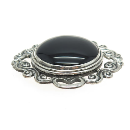 925 Sterling Silver Vintage Real Cabochon Black Onyx Ornate Pin Brooch