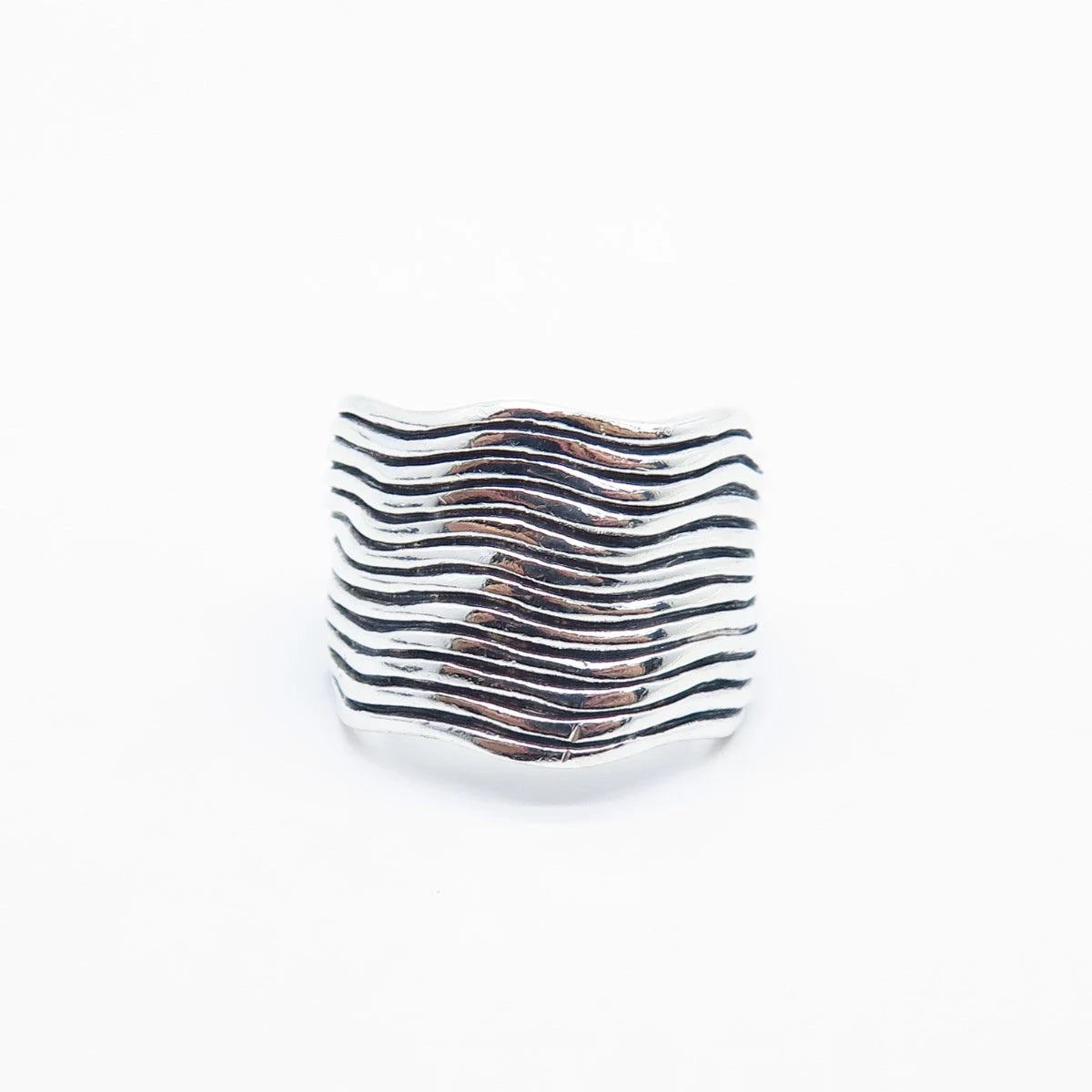 925 Sterling Silver Vintage Striped Wavy Wide Ring Size 8.75
