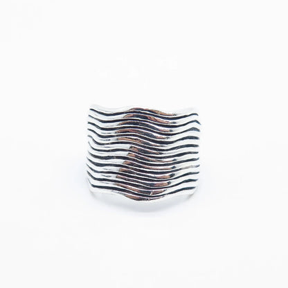 925 Sterling Silver Vintage Striped Wavy Wide Ring Size 8.75