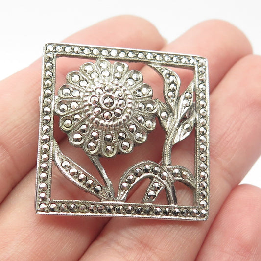 925 Sterling Silver Vintage Real Marcasite Gem Floral Frame Pin Brooch