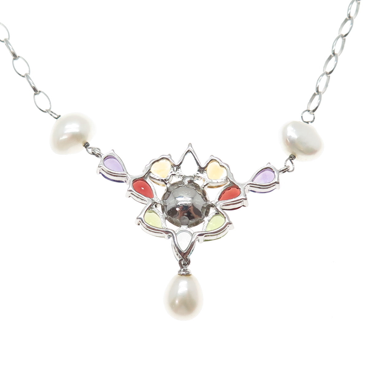 925 Sterling Silver Pearl Topaz Amethyst Peridot Citrine Garnet Necklace 18-20"