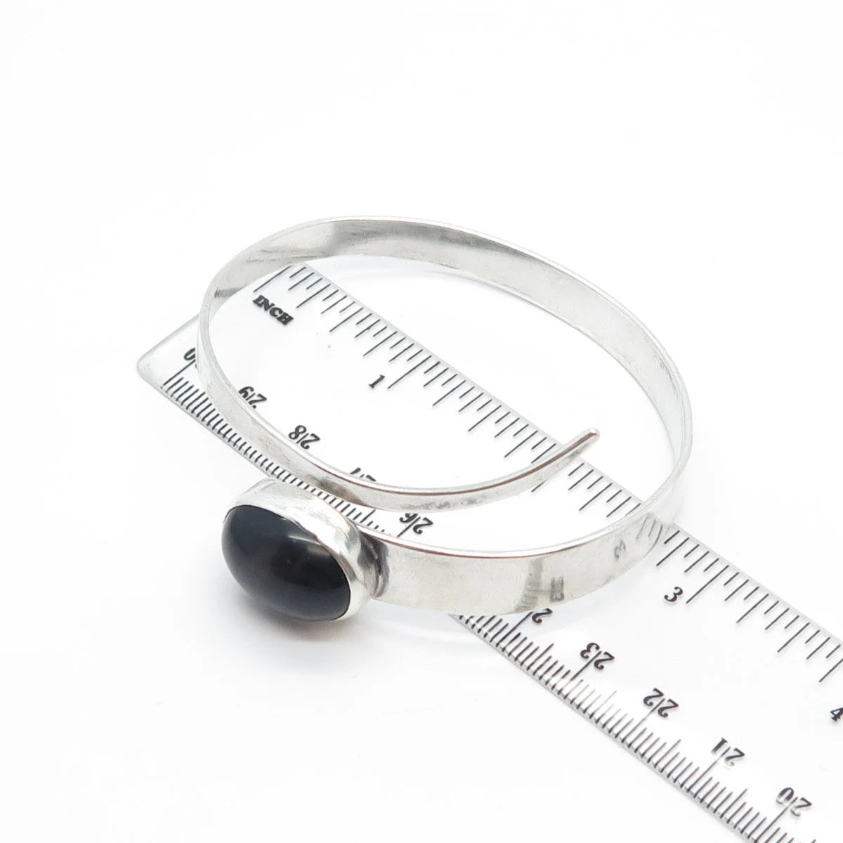 925 Sterling Silver Vintage SARA Real Black Onyx Gemstone Bangle Bracelet 7.5"