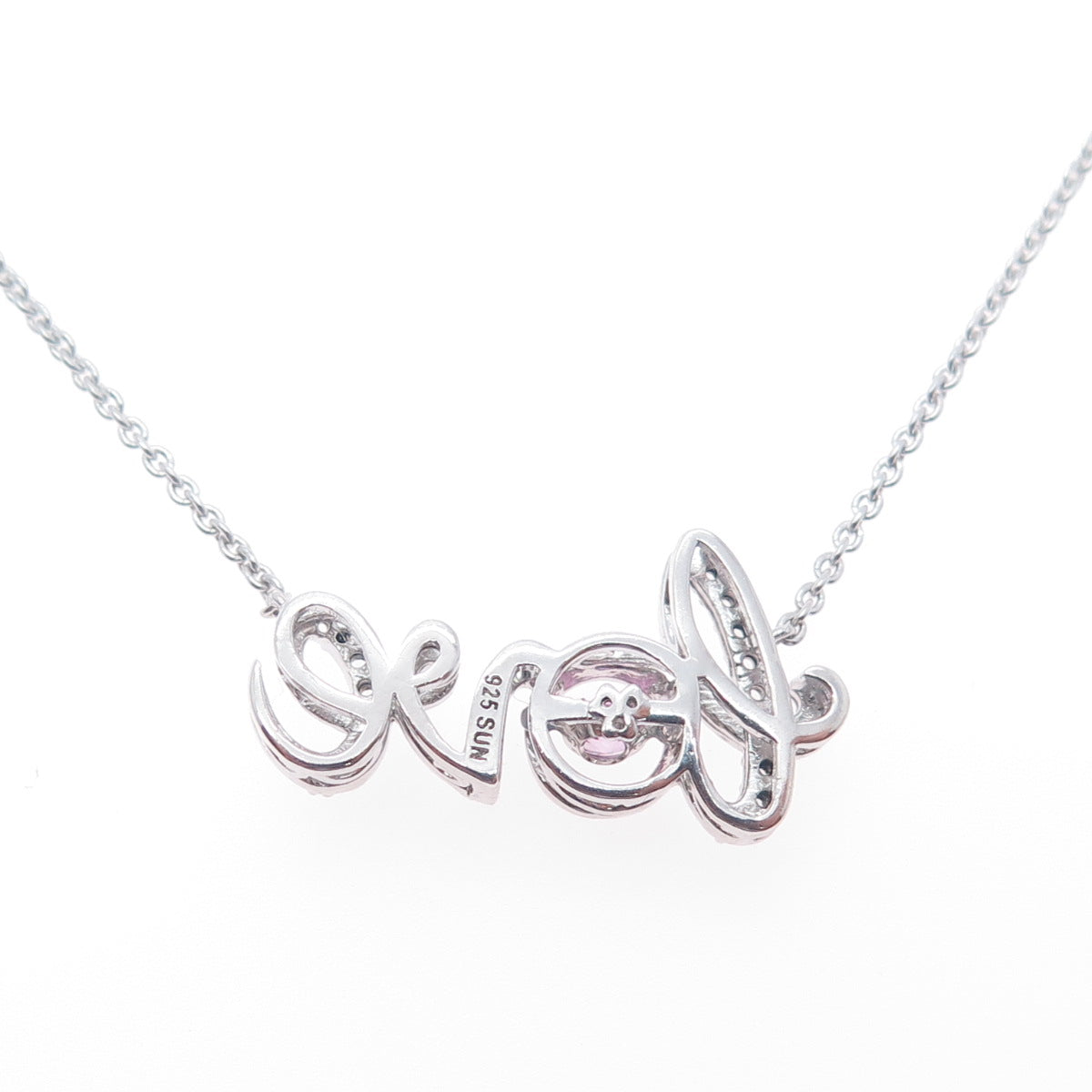 SUN 925 Sterling Silver Real White & Pink Topaz Love Cable Chain Necklace 18"