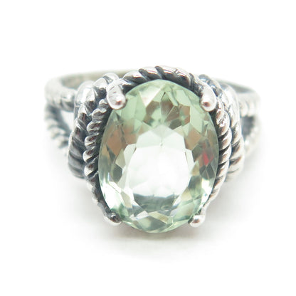 925 Sterling Silver Vintage Real Green Amethyst Roped Ring Size 7.75