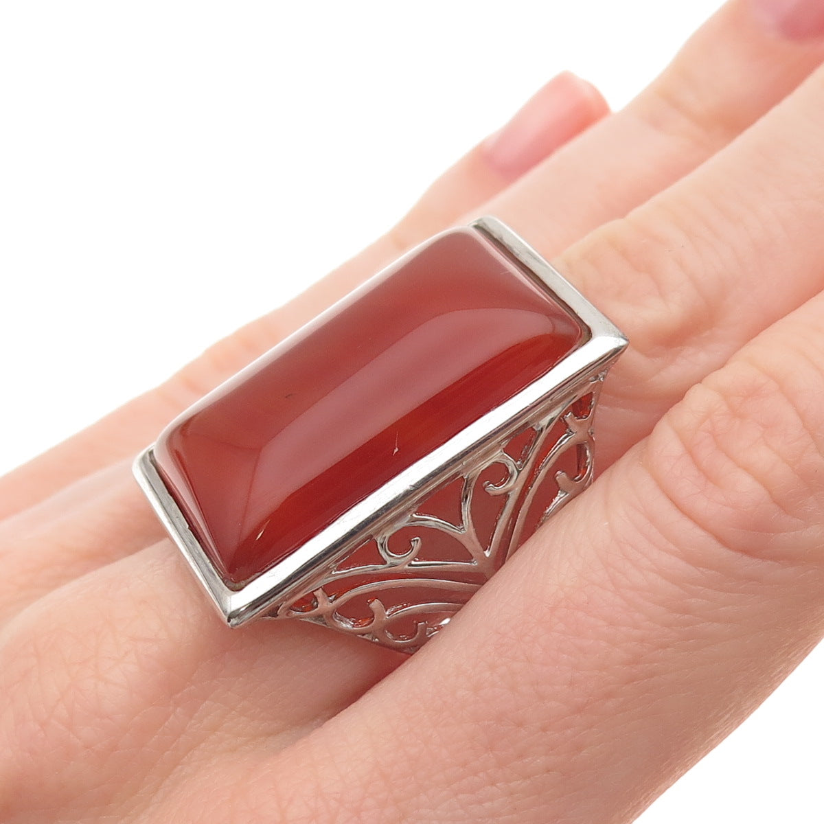Ken Crafts 925 Sterling Silver Real Red Agate Floral Scroll Ring Size 9