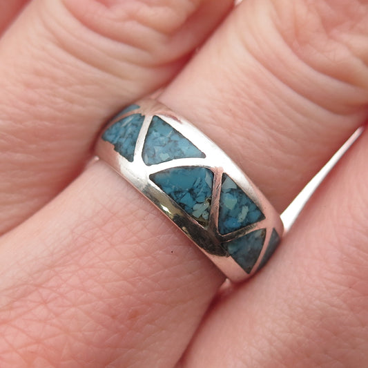 Old Pawn Sterling Silver Vintage Southwestern Turquoise Inlay Band Ring Size 7