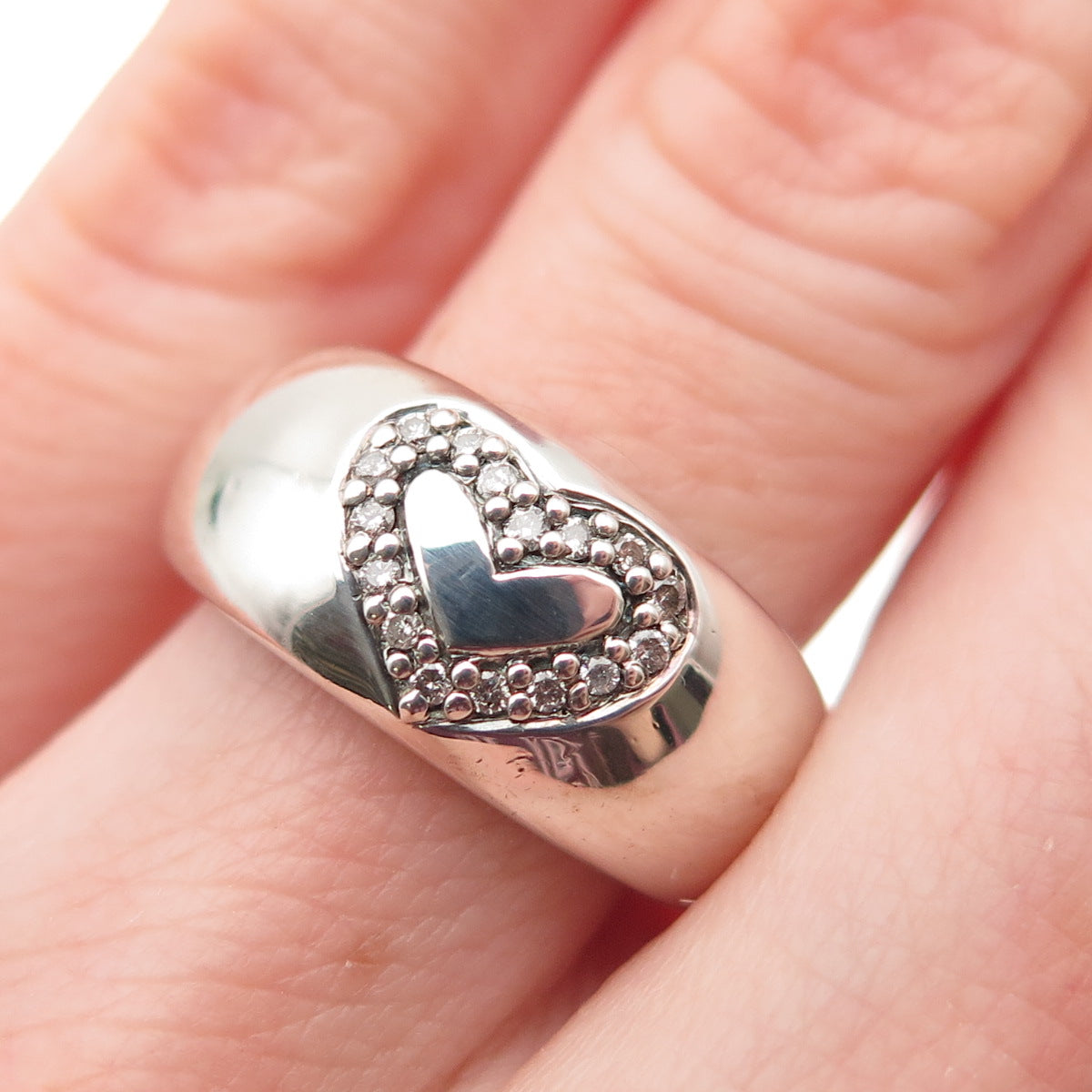 925 Sterling Silver Real Round-Cut Diamond Heart Ring Size 6