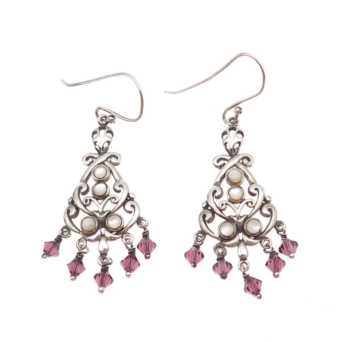 925 Sterling Silver Vintage Real MOP & Amethyst Chandelier Dangle Earrings