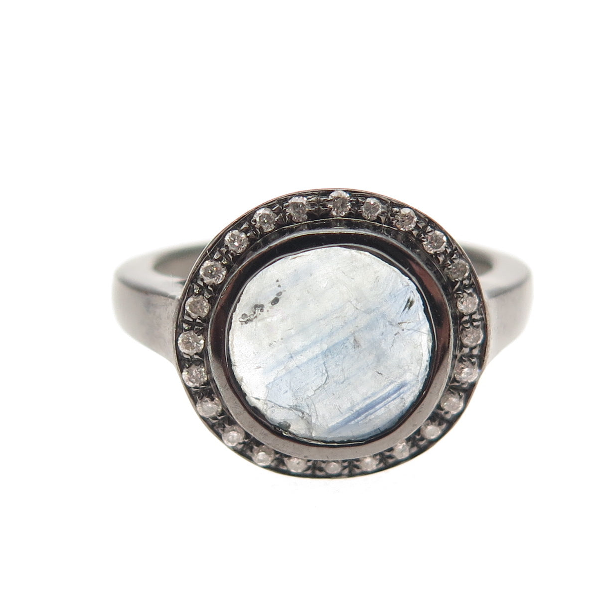 925 Sterling Silver Black Rhodium Real Round-Cut Diamond & Sapphire Ring Size 7